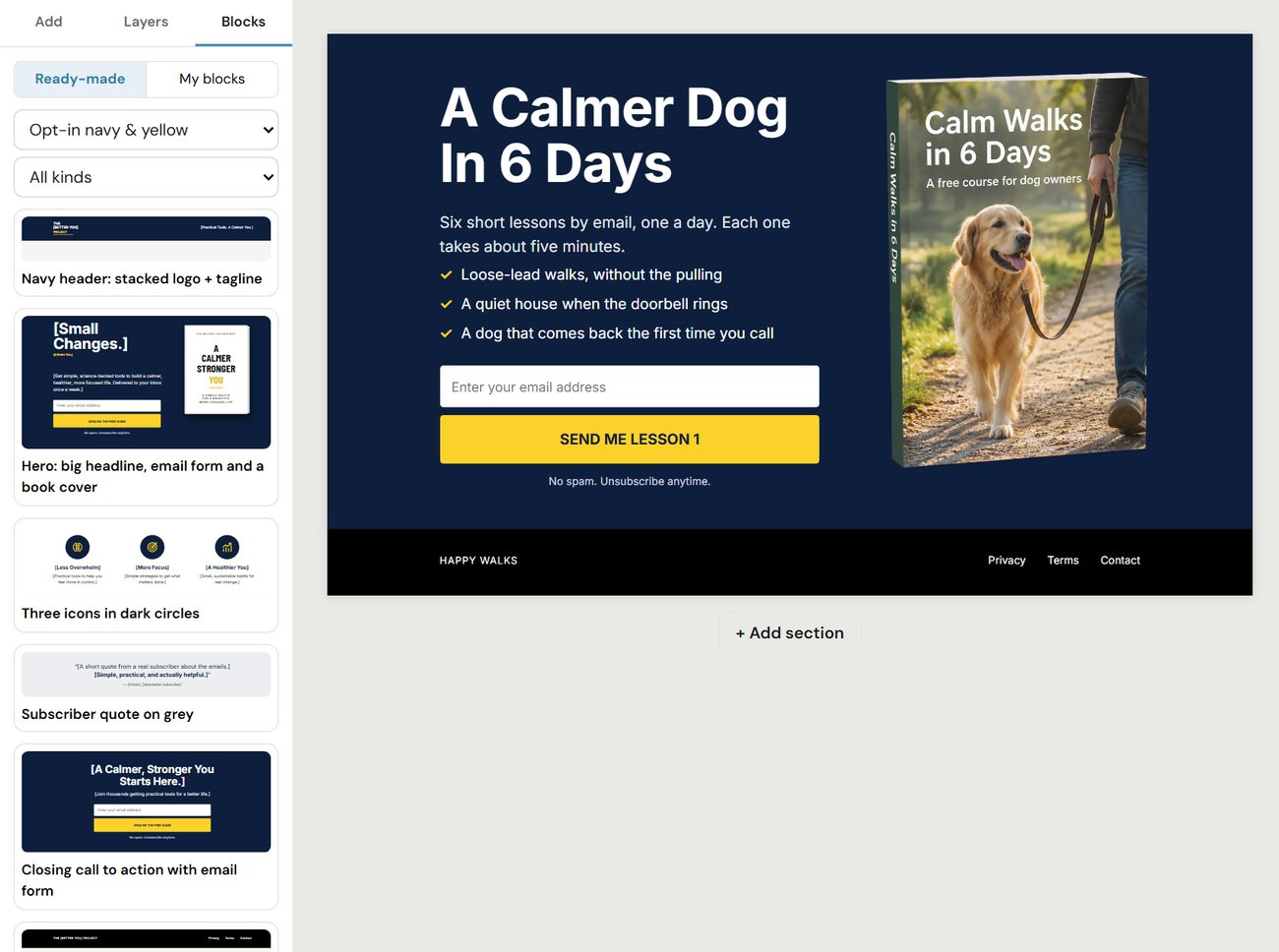 Page Builder's ready-made blocks, filtered to the page's own style