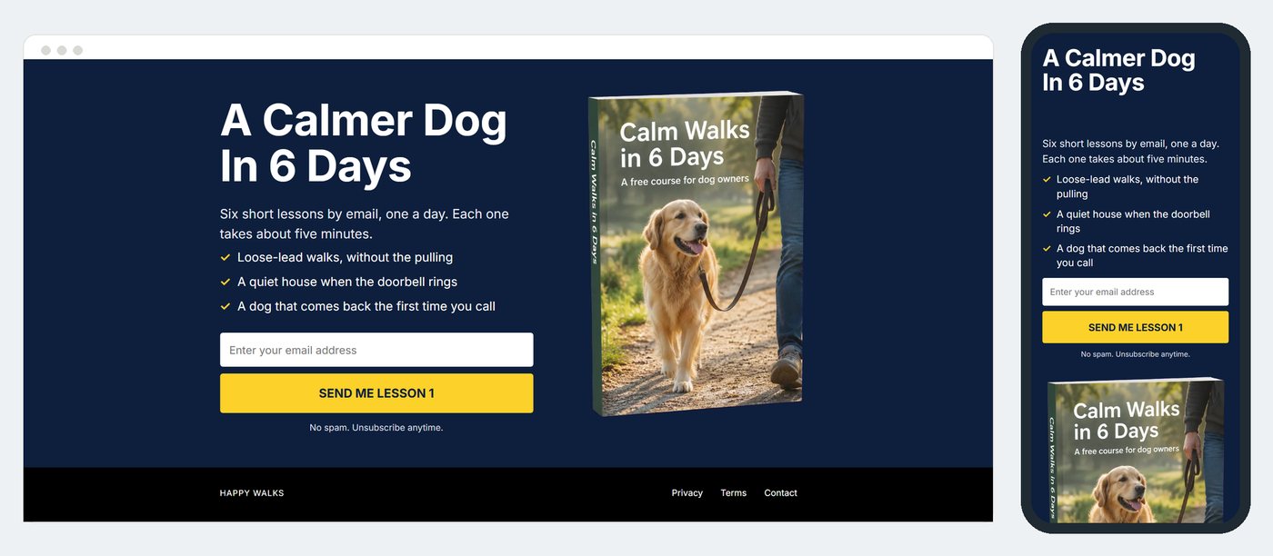 The finished dog training sign-up page on a computer and on a phone