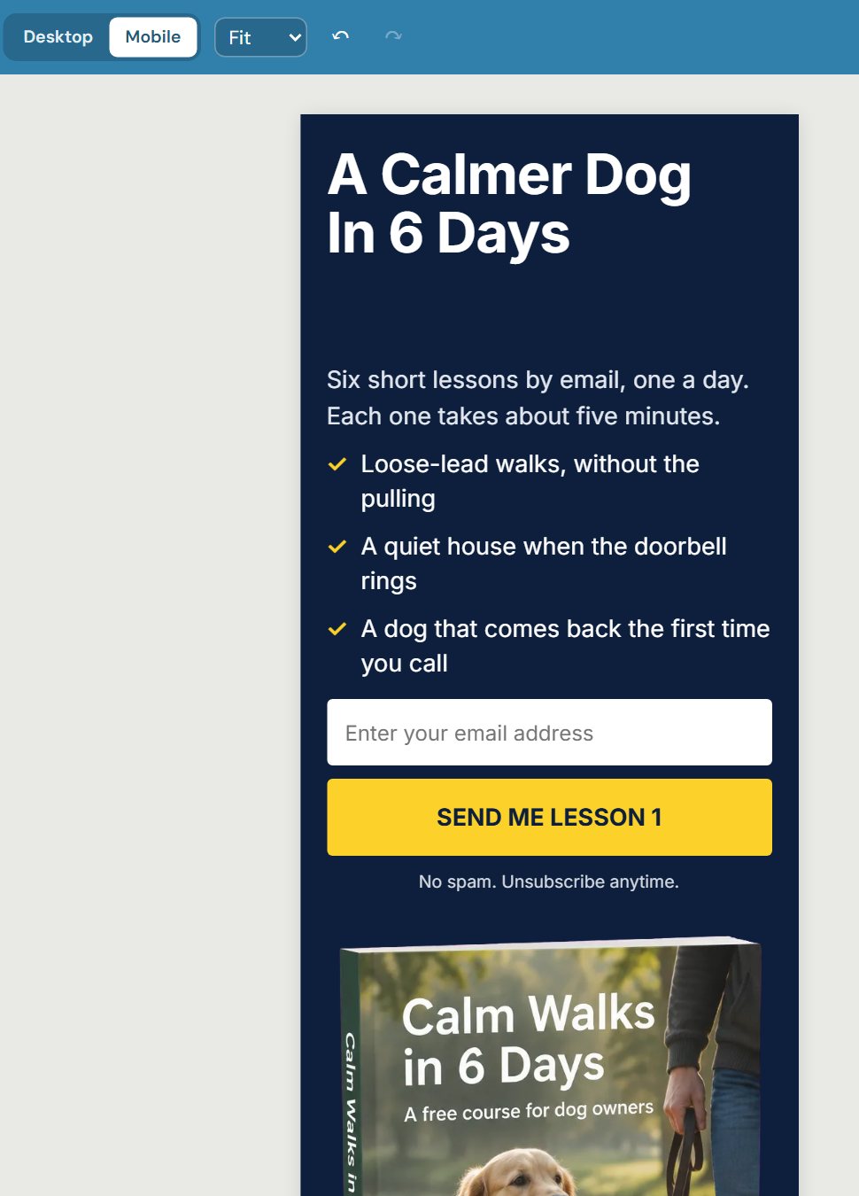 The same page in Page Builder's phone view