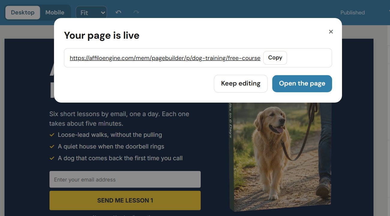 Page Builder saying: Your page is live