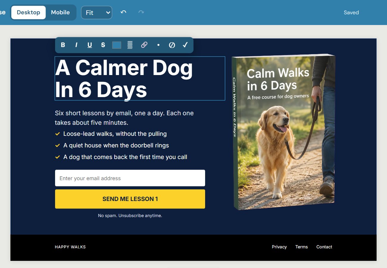 Typing a new headline straight onto the page in Page Builder