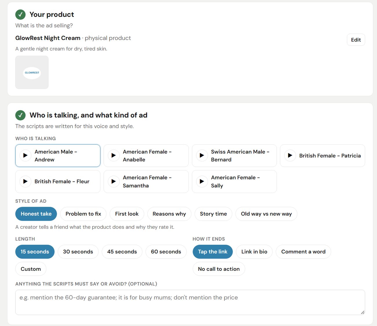 Setting up a video ad in UGC Ad Studio, with lengths of 15, 30, 45 or 60 seconds or a custom length