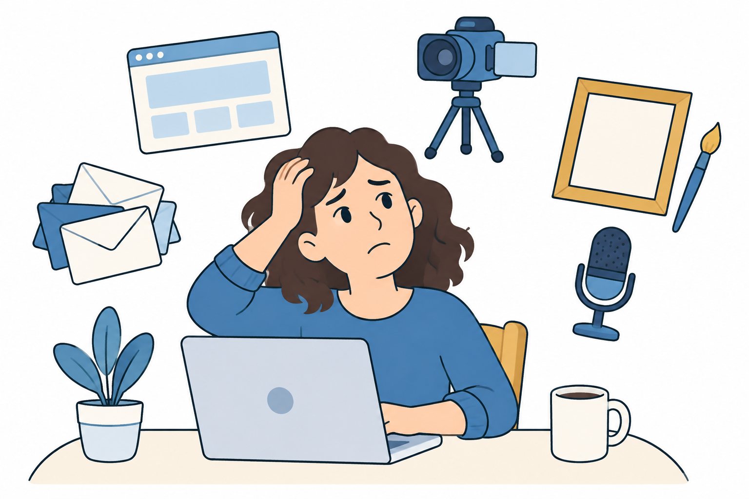 A beginner surrounded by everything they have to make: a web page, emails, a video, pictures and a voice-over
